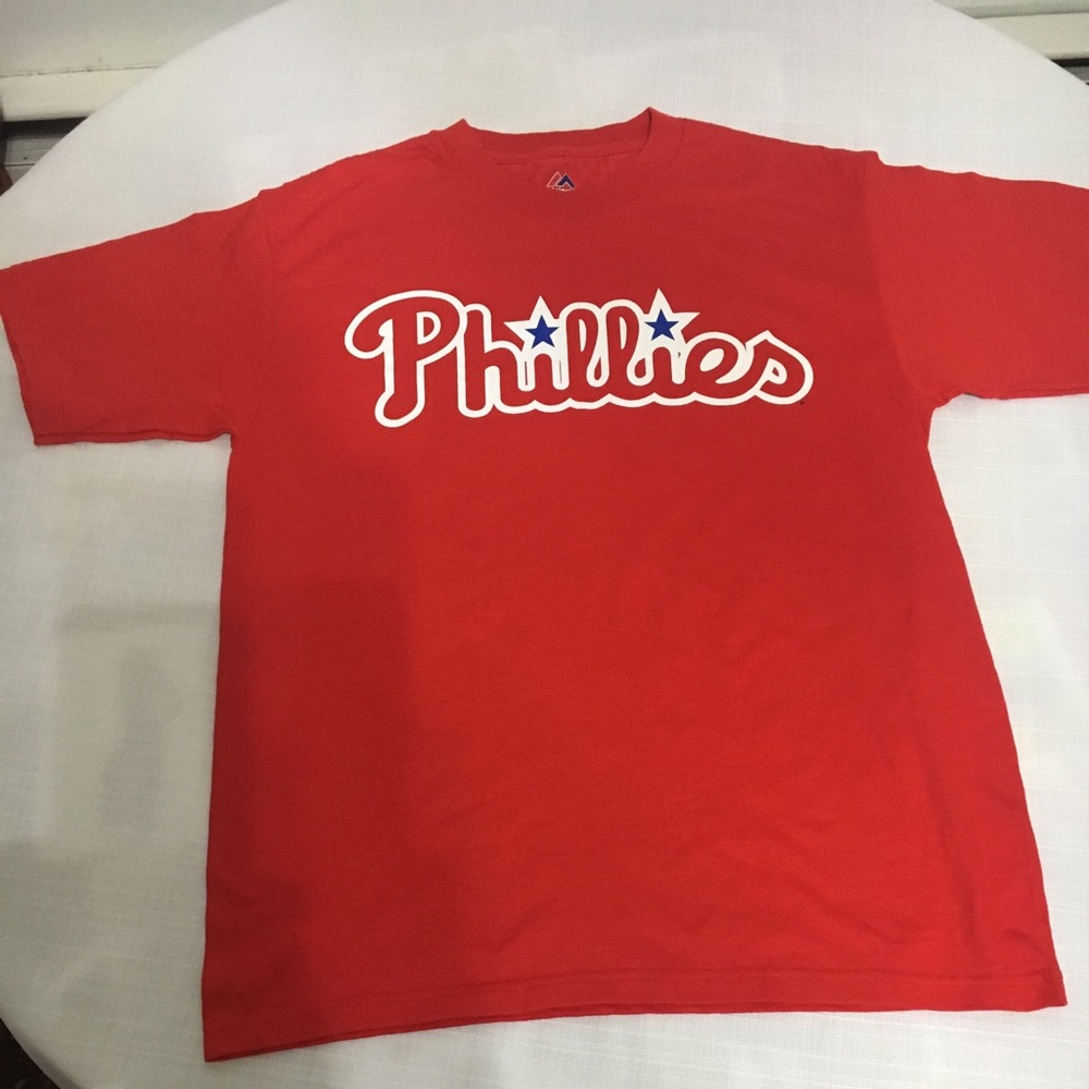 Red youth all cotton tee shirt labeled Phillies 23